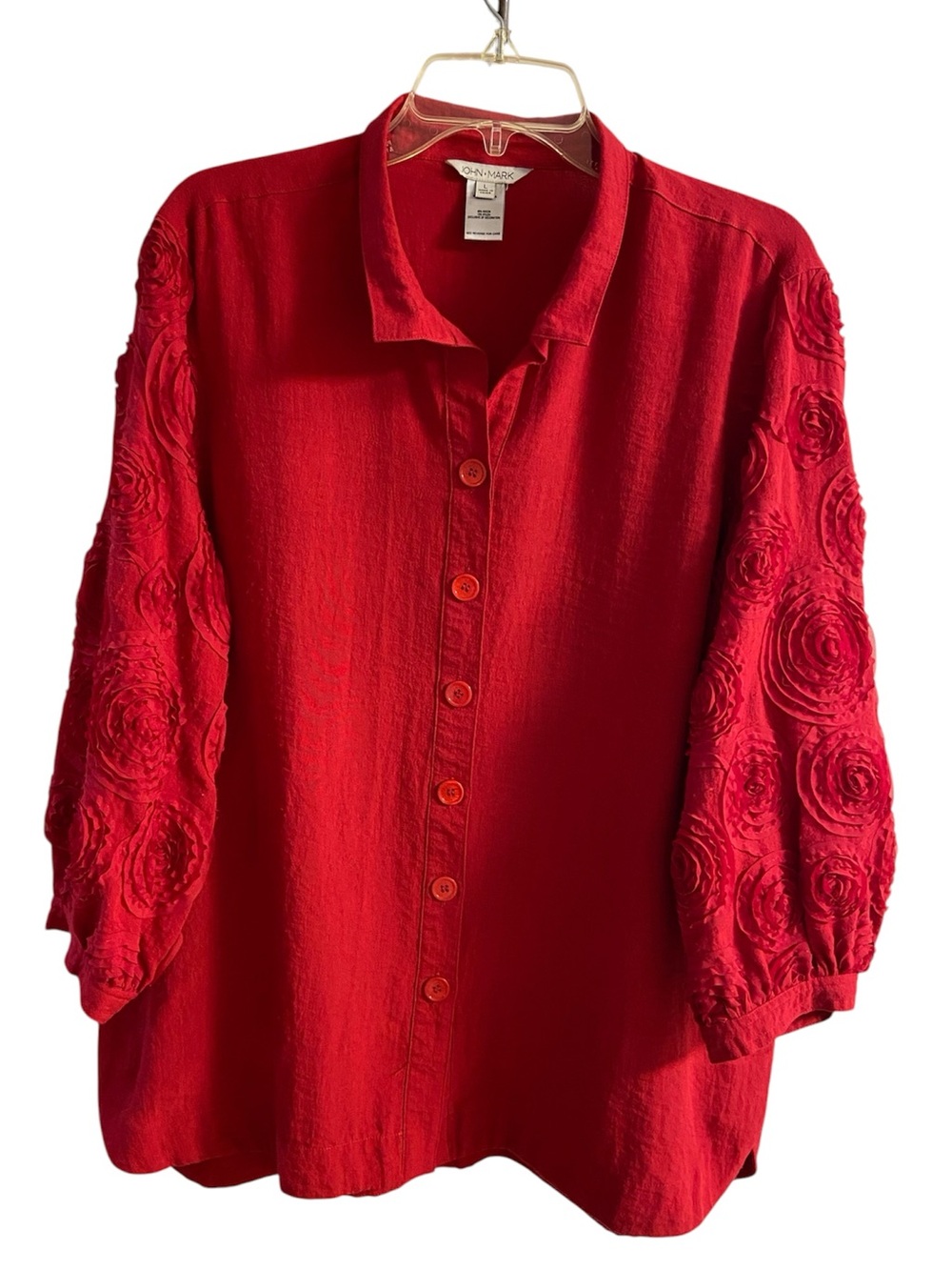 John Mark Red Embroidered Rosette Sleeve Button Down Top Large